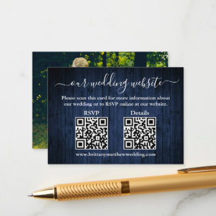 Rustic Blue Wood 2 QR Foto Wedding RSVP Details Begleitkarte