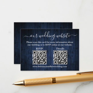 Rustic Blue Wood 2 QR Hochzeit RSVP Details Begleitkarte