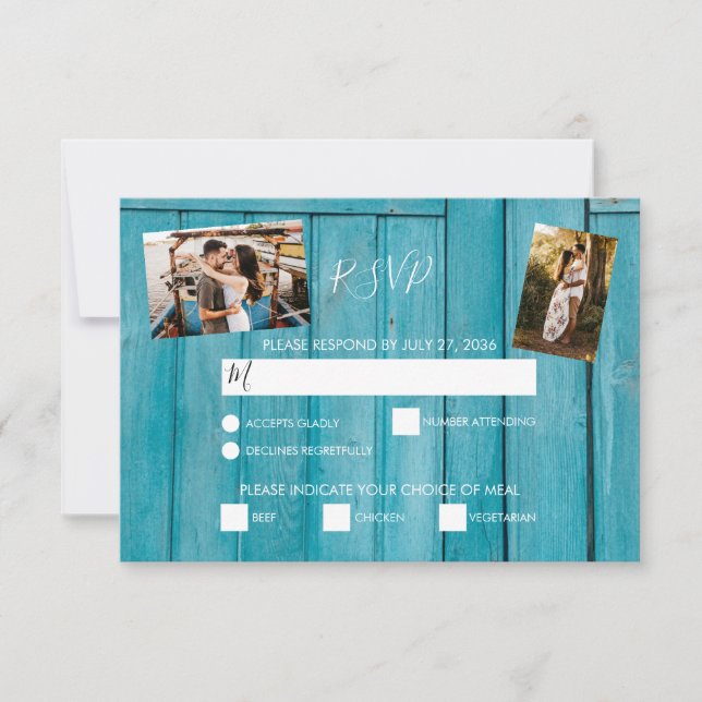 Rustic Blue Wood 3 Fotos Hochzeit RSVP Cards (Vorderseite)