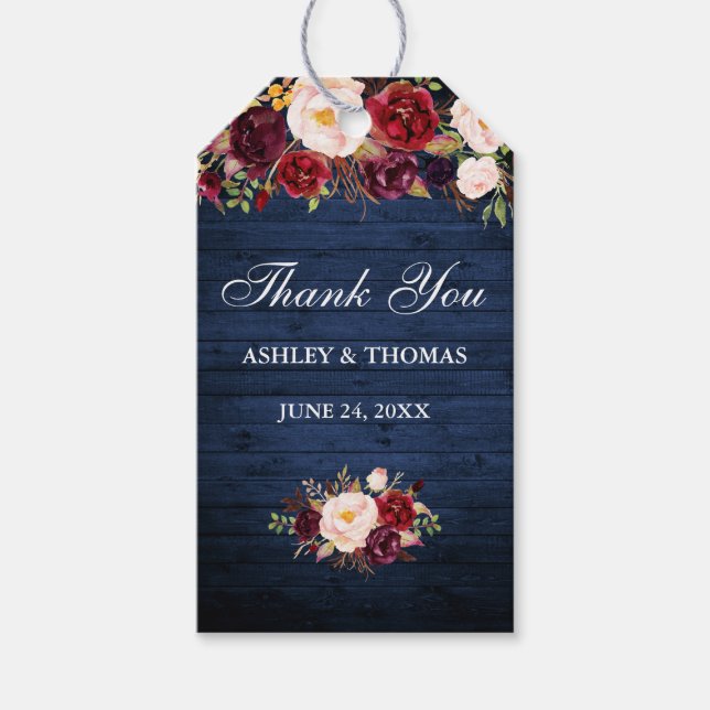 Rustic Blue Wood Burgundy Floral Wedding Vielen Da Geschenkanhänger (Vorderseite)