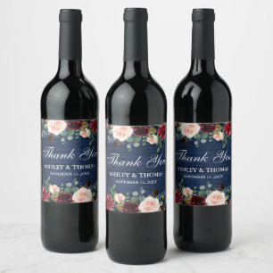 Rustic Blue Wood Burgundy Floral Wedding Vielen Da Weinetikett