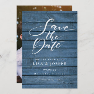 Rustic Blue Wood Elegantes Script Foto Hochzeit Save The Date