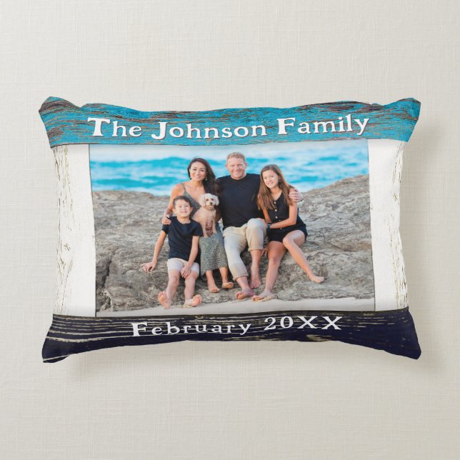 Rustic Blue Wood Family Name Photo Dekokissen (Vorderseite)