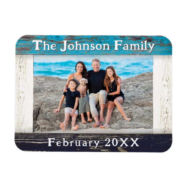 Rustic Blue Wood Family Name Photo Frame Magnet (Horizontal)