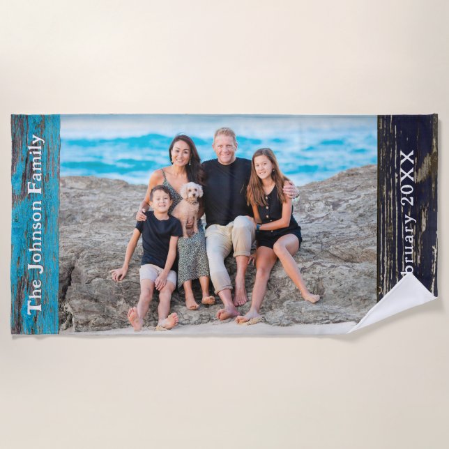 Rustic Blue Wood Family Name Photo Strandtuch (Vorderseite)