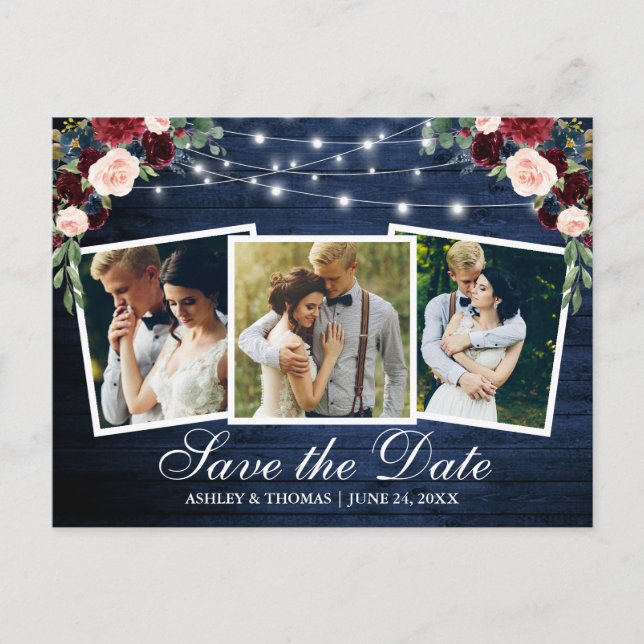 Rustic Blue Wood Floral 3 Foto Save the Date Einladungspostkarte (Vorderseite)
