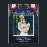 Rustic Blue Wood Floral Burgundy Save the Date Ankündigungspostkarte<br><div class="desc">Rustic Blue Wood Save the Date Verlobung Foto Postcard - Watercolor Burgundy Marsala Floral,  White Frame</div>