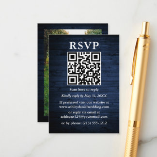 Rustic Blue Wood Foto QR Wedding RSVP Begleitkarte