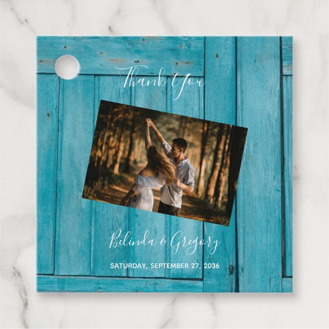 Rustic Blue Wood Foto Wedding Gift Geschenkanhänger (Vorderseite)