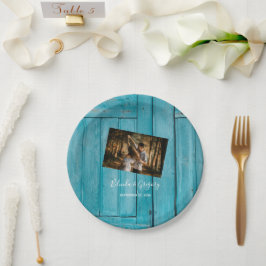 Rustic Blue Wood Foto Wedding Pappteller