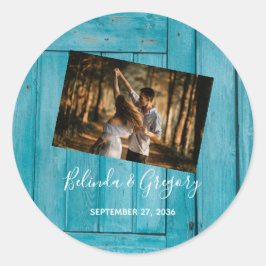 Rustic Blue Wood Foto Wedding Runder Aufkleber