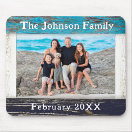 Rustic Blue Wood Frame Family Name Photo Mousepad