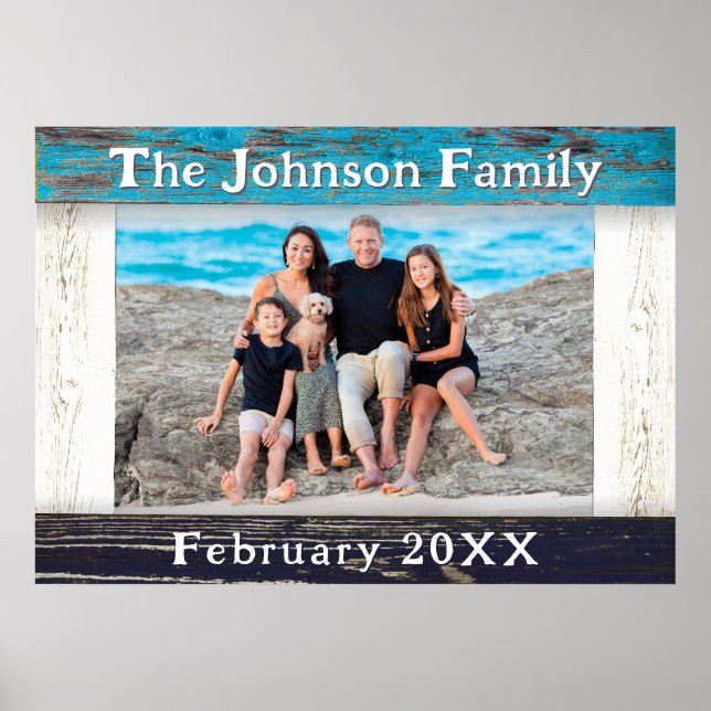 Rustic Blue Wood Frame Family Name Photo Poster (Vorne)
