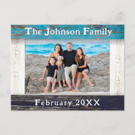 Rustic Blue Wood Frame Family Name Photo Postkarte