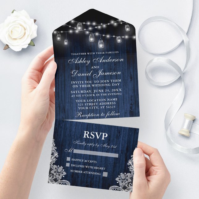 Rustic Blue Wood Jar Lights Lace Wedding All In One Einladung (All In One Wedding Invitation with tear off RSVP Card)