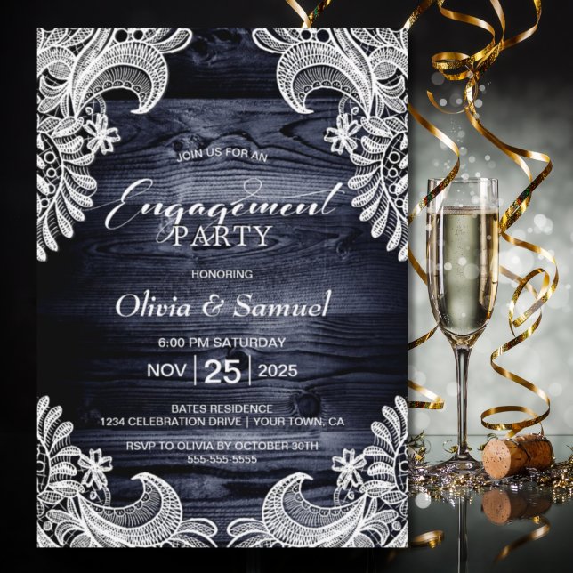 Rustic Blue Wood Lace Engagement Party Einladung (Von Creator hochgeladen)