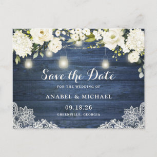 Rustic Blue Wood Lace Mason Jar Save the Date Ankündigungspostkarte