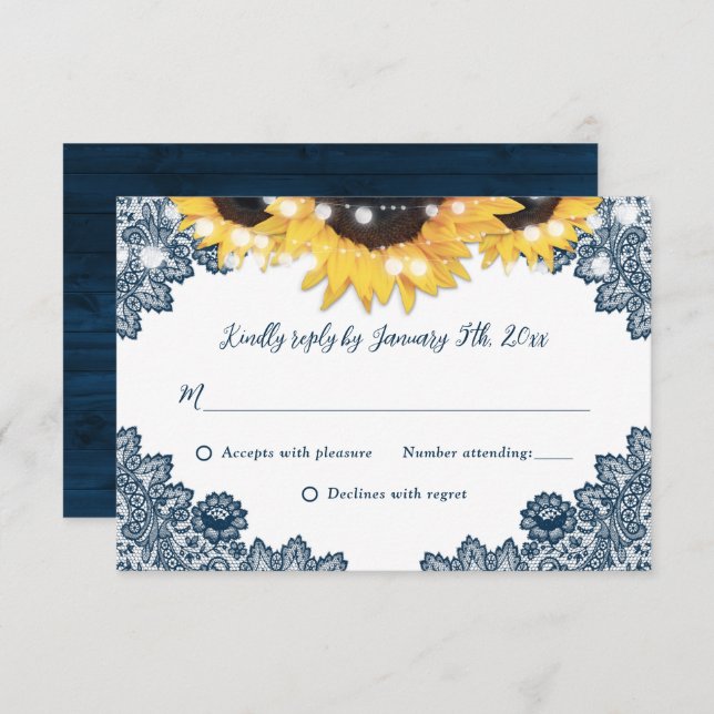 Rustic Blue Wood Lace Sunflower Wedding RSVP (Vorne/Hinten)