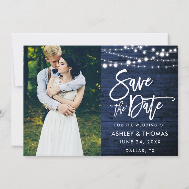 Rustic Blue Wood Lights Brush Script Foto Save The Date (Vorderseite)