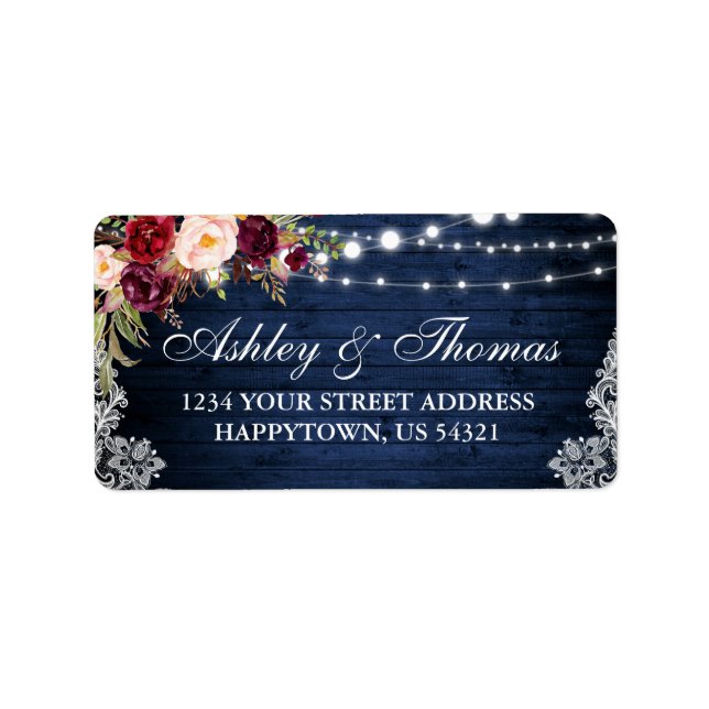 Rustic Blue Wood Lights Lace Floral Address Adressaufkleber (Vorne)