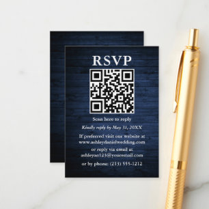 Rustic Blue Wood QR Wedding RSVP Begleitkarte