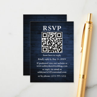 Rustic Blue Wood QR Wedding RSVP Begleitkarte