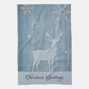 Rustic Blue Wood Rentier Country Weihnachten Geschirrtuch