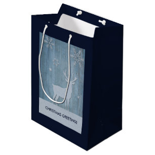 Rustic Blue Wood Rentier Country Weihnachten Mittlere Geschenktüte