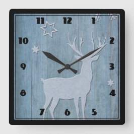 Rustic Blue Wood Rentier Country Weihnachten Quadratische Wanduhr