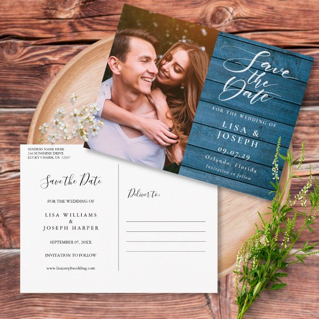 Rustic Blue Wood Script Foto Save the Date Postkarte (Von Creator hochgeladen)