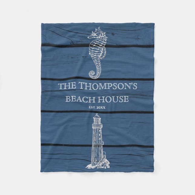 Rustic Blue Wood Seepferd Lighthouse Beach House Fleecedecke (Vorderseite)