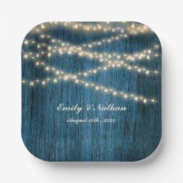 Rustic Blue Wood String Lights Wedding Party Pappteller