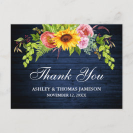 Rustic Blue Wood Sunflower Blues Hochzeit Dank Postkarte