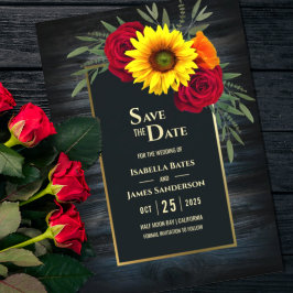 Rustic Blue Wood Sunflower Burgundy Rose Wedding Save The Date