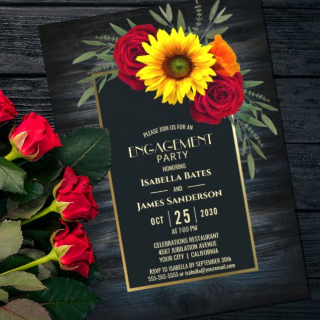 Rustic Blue Wood Sunflower Rose Engagement Party Einladung (Von Creator hochgeladen)