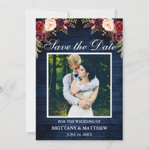Rustic Blue Wood Watercolor Burgundy Floral Save The Date