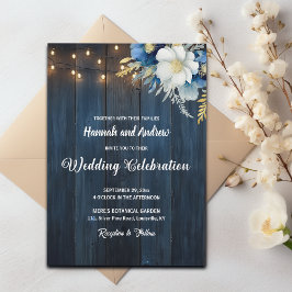 Rustic Blue Wood White Blue Floral Wedding Einladung