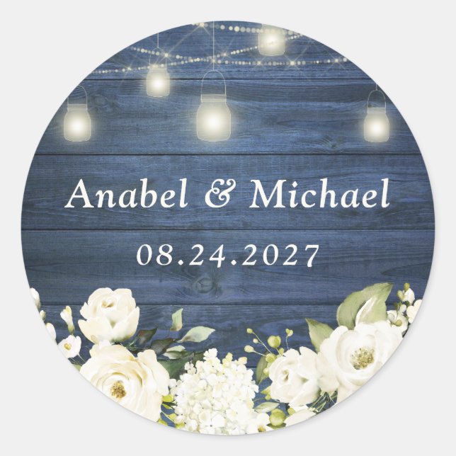 Rustic Blue Wood White Blume Mason Jar Sticker (Vorderseite)