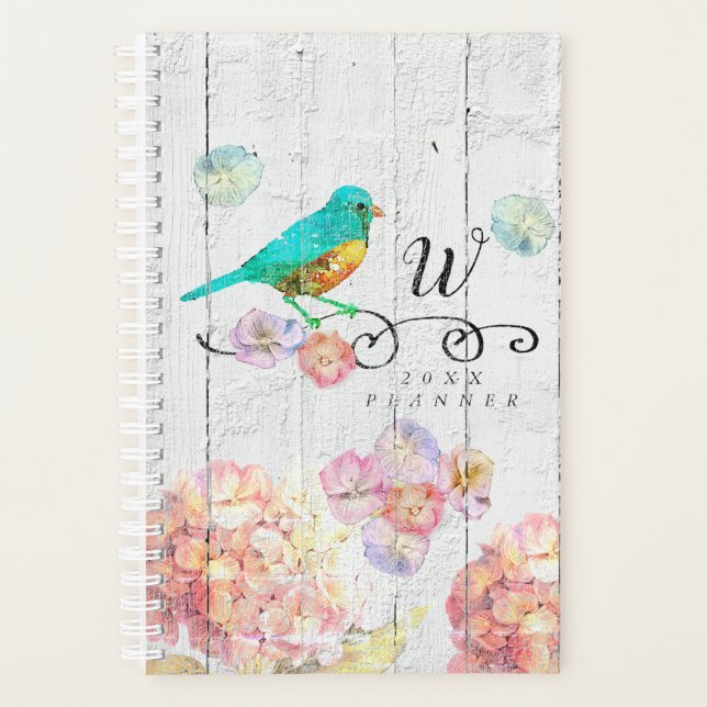 Rustic Bluebird Pink Hydrangea Floral Monogram Planer (Vorderseite)