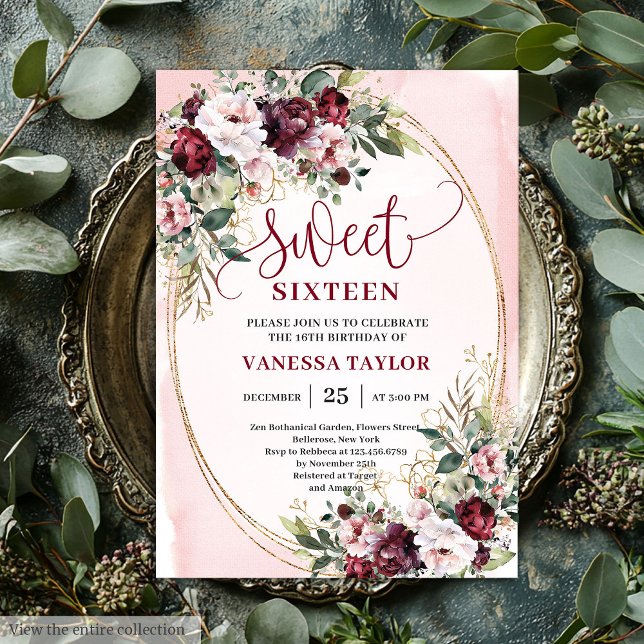 Rustic Blush Burgundy Gold Sweet Sixteen Invites Einladung (Rustic Blush Burgundy Gold Sweet Sixteen Invitation

)