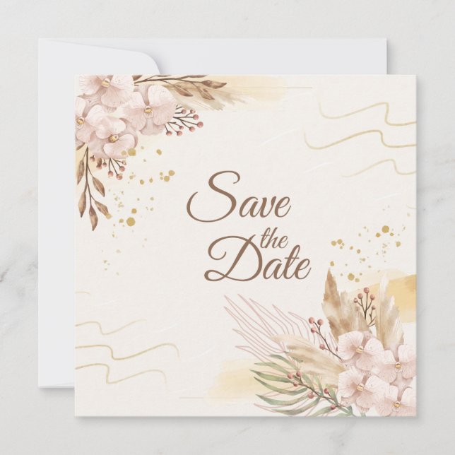 Rustic Blush & Gold Floral Boho Save the Date (Vorderseite)