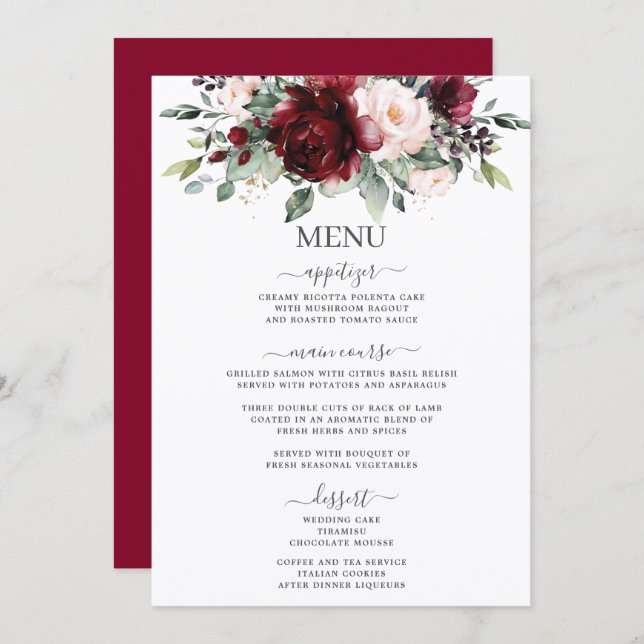 Rustic Blush Pink Burgundy Floral Wedding 5x7 Menu Programm (Vorne/Hinten)