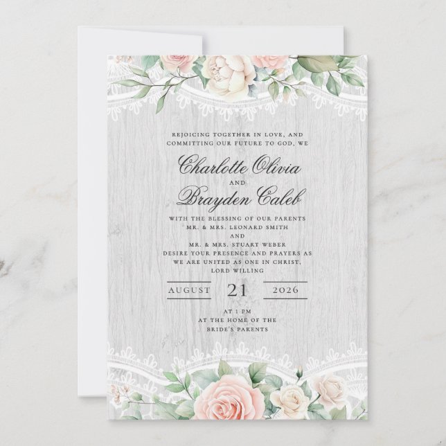 Rustic Blush Pink Watercolor Floral Lace Wedding Einladung (Vorderseite)