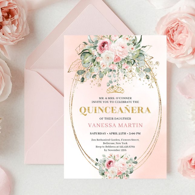 Rustic Blush Roses Eucalyptus Quinceañera Invite Einladung (Rustic Blush Roses Eucalyptus Quinceañera Invitation)