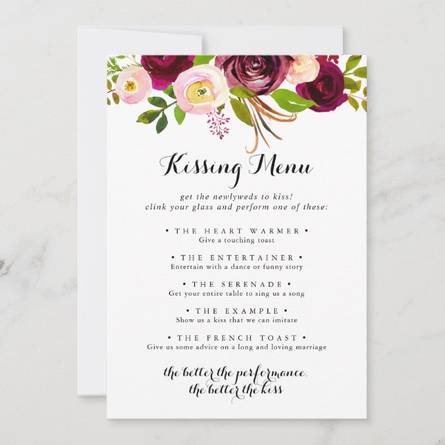 Rustic Blush Wedding Kissing Menu Game Card (Vorderseite)
