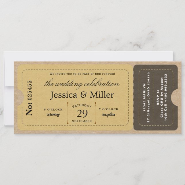  Rustic Boarding Pass Style Ticket Wedding Einladung (Vorderseite)