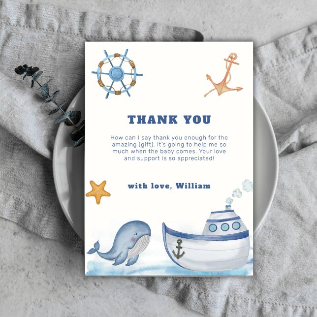 Rustic Boho Ahoy Boy Whale Sailboat Babydusche Dankeskarte (Rustic Boho Ahoy Boy Whale Sailboat Baby Shower Thank You Card)