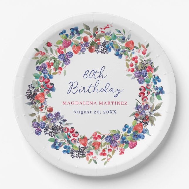 Rustic Boho Berry Sommer 80. Geburtstag Custom Pappteller (Vorderseite)