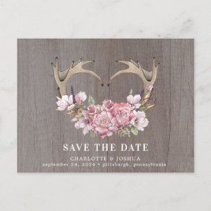 Rustic Boho Blush Floral Antlers Save the Date Ann Ankündigungspostkarte