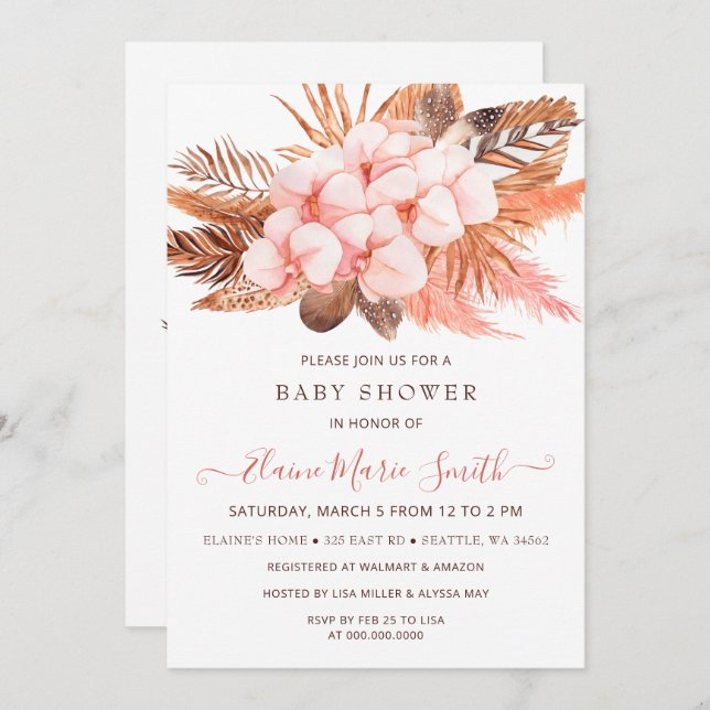 Rustic Boho Blush Pampas Grass Girl Baby Dusche Einladung (Vorne/Hinten)